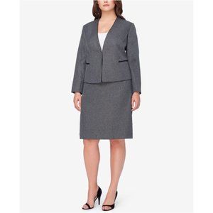 NEW Tahari ASL Plus Faux-Leather Trimmed Houndstooth Skirt Suit